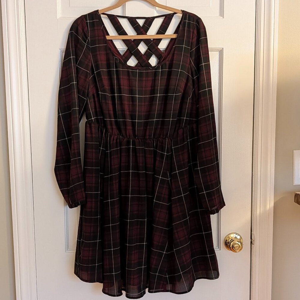 Torrid Long Sleeve Plaid Criss-Cross Back Skater Dress | Burgundy/Black | Size 0